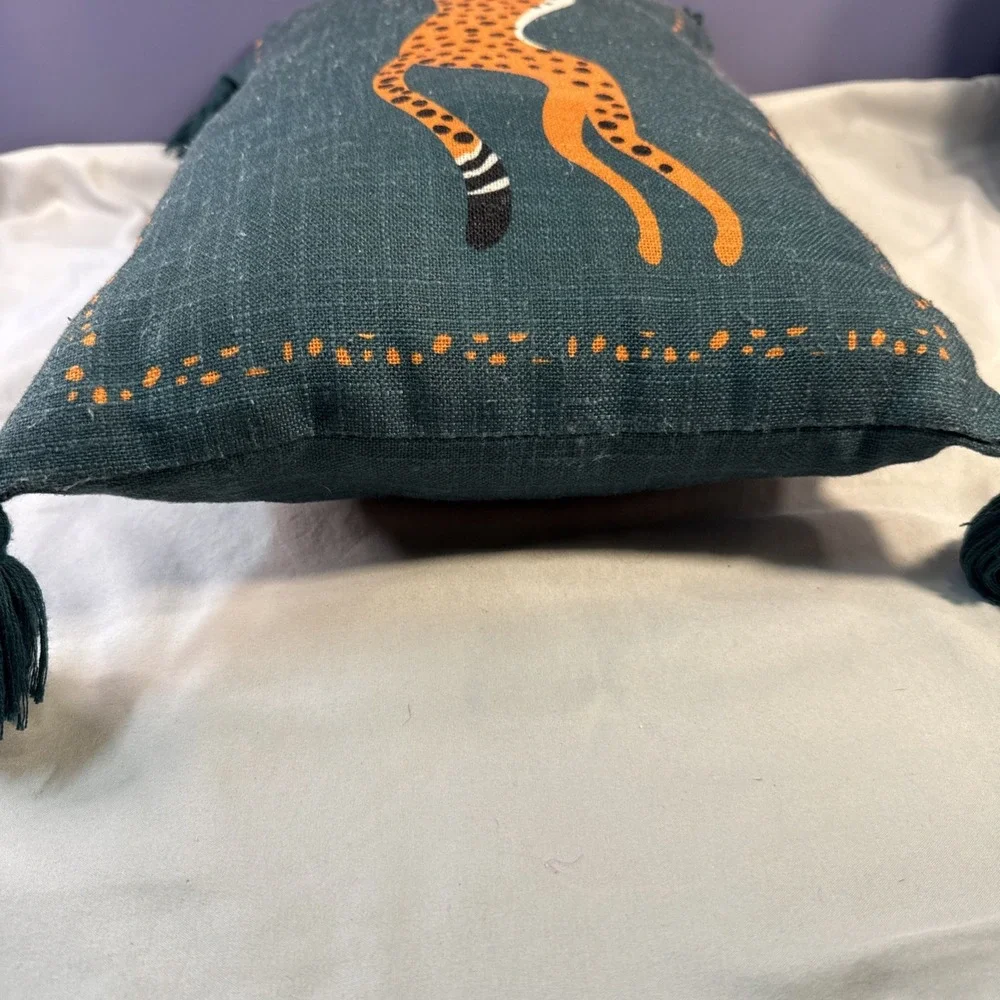 Green Teal Embroidered Leaping Cheetah Luxury Decorative Toss Pillow Tassels